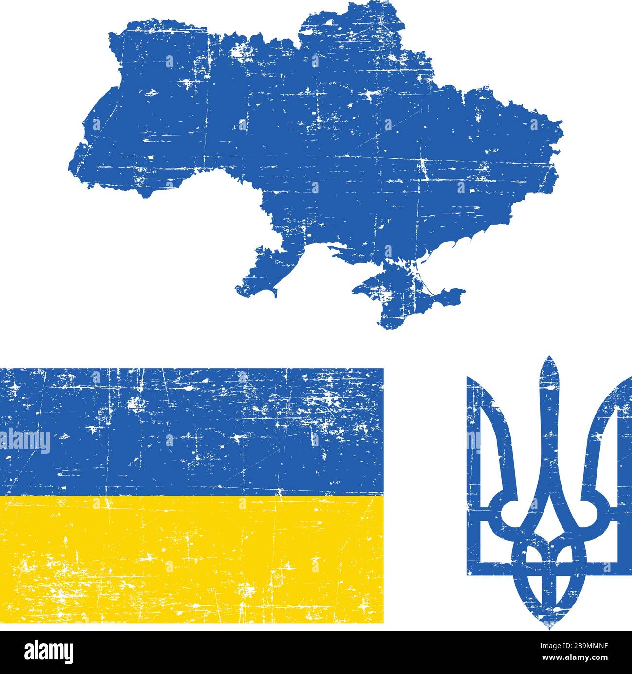 Ukraine carte bleue, drapeau anf avec Tryzub Trident symboles nationaux de l'Ukraine en texture grunge. Illustration vectorielle de stock isolée sur fond blanc. Illustration de Vecteur