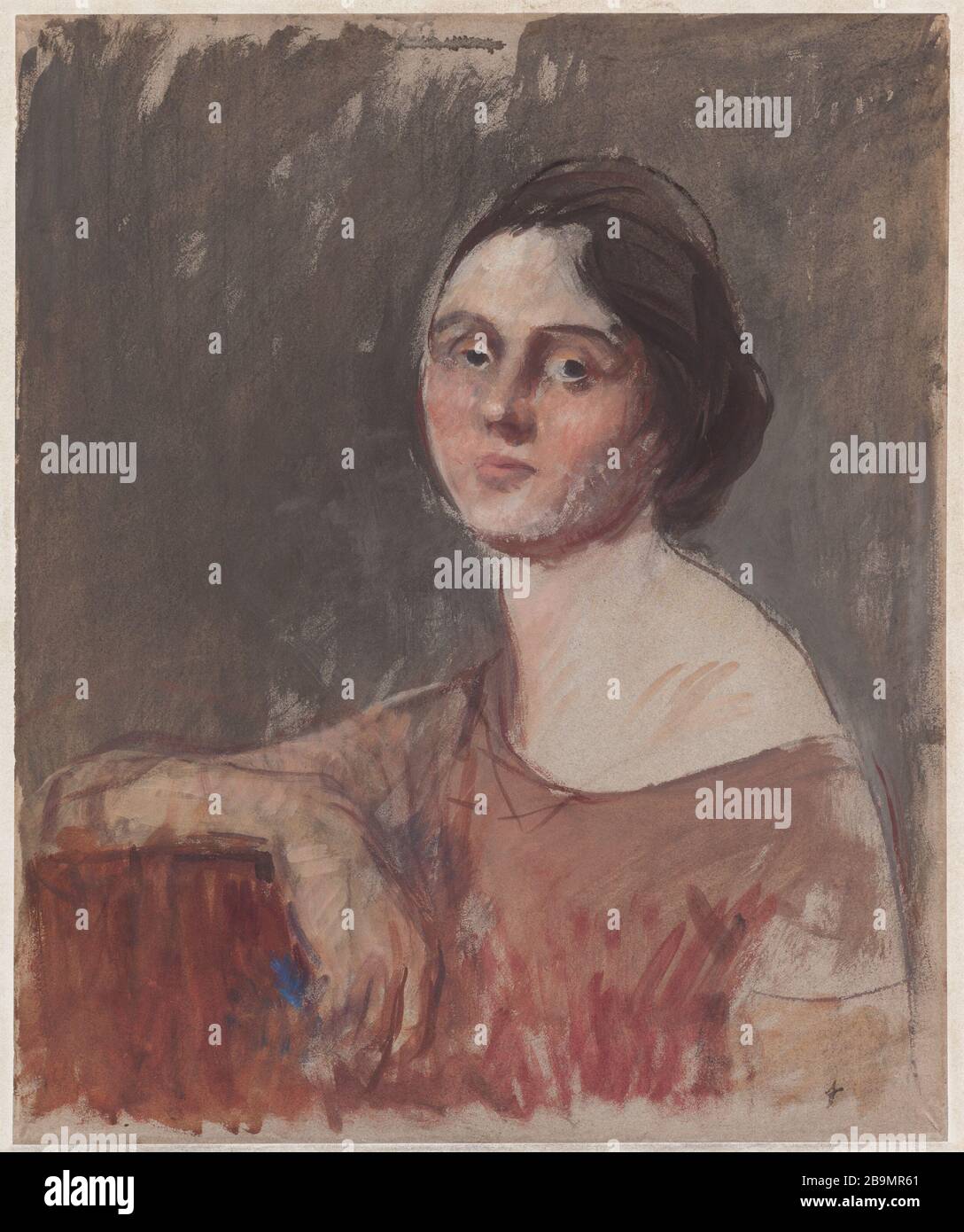 Portrait de la jeune femme dans le buste Jean-Louis Forain (1852-1931).  'Portrait de jeune femme en poste'. Huile et gouache sur papier, 1920.  Musée des Beaux-Arts de la Ville de Paris, petit