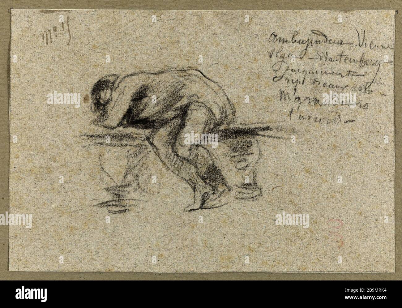Étude humaine posée sur un banc de pieds sur le sol. Jean-Baptiste Carpeaux (1827-1875). Etude d'homme allemand sur un banc les pieds au sol. Dessin, 1869. Musée des Beaux-Arts de la Ville de Paris, petit Palais. Banque D'Images