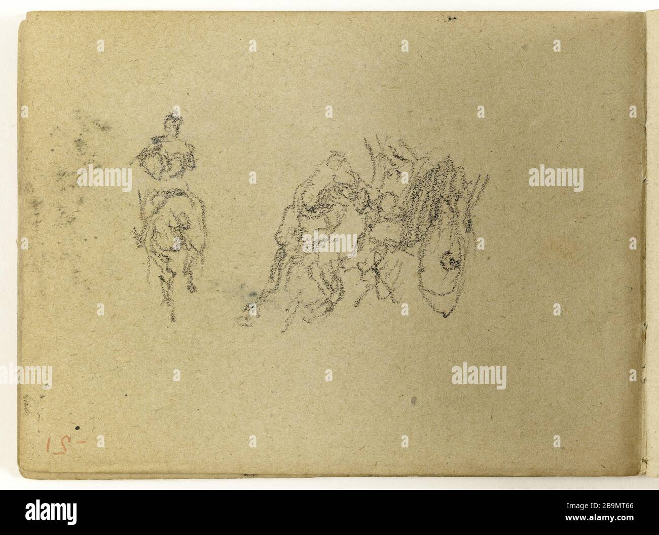 Étude humaine sur le cheval et un pistolet (p. 51 de l'esquisse). Jean-Baptiste Carpeaux (1827-1875). Etude d'homme à cheval et d'un canon (p. 51 du carnet de croquis). Dessert, 1870. Musée des Beaux-Arts de la Ville de Paris, petit Palais. Banque D'Images