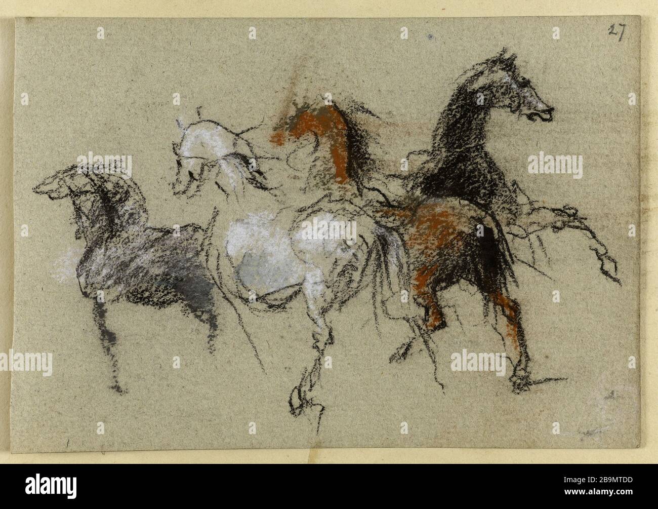 Etude des chevaux (recto); Etude pour la décoration du salon d'Auteuil (p. 30 de l'album). Jean-Baptiste Carpeaux (1827-1875). Etude de chevaux (recto) ; Etude pour la décoration du salon d'Auteuil (p. 30 de l'album). Dessert, entrée 1870 et 1875. Musée des Beaux-Arts de la Ville de Paris, petit Palais. Banque D'Images