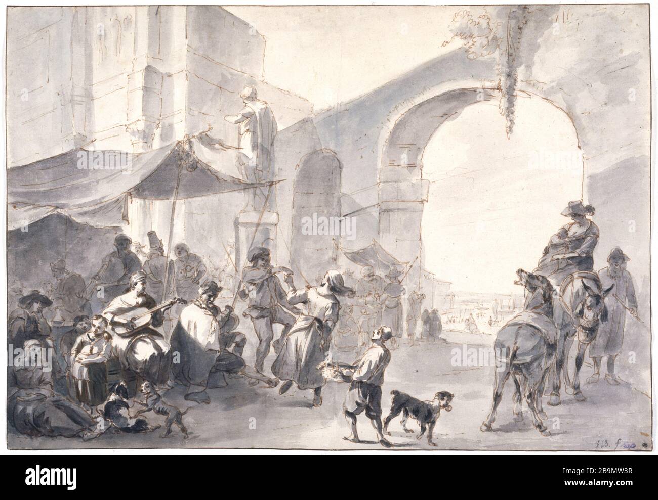 COUPLE DANSANT PRÈS ET MUSICIENS Hendrik Verschriing (1627-1690). 'Couple dansant et musiciens près de l'arc de Constantin où sont installed des cabarets sous des tentes'. Pineau et Entre de Chine. Musée des Beaux-Arts de la ville de Paris, petit Palais. Banque D'Images