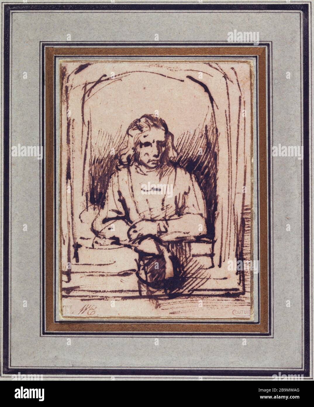 Homme dans un renfoncement de fenêtre, tenant son chapeau Rembrandt (1606-1669). Homme dans une emblasure de fenêtre, tenant son bonnet. Panache. Doublé. Musée des Beaux-Arts de la Ville de Paris, petit Palais. Banque D'Images