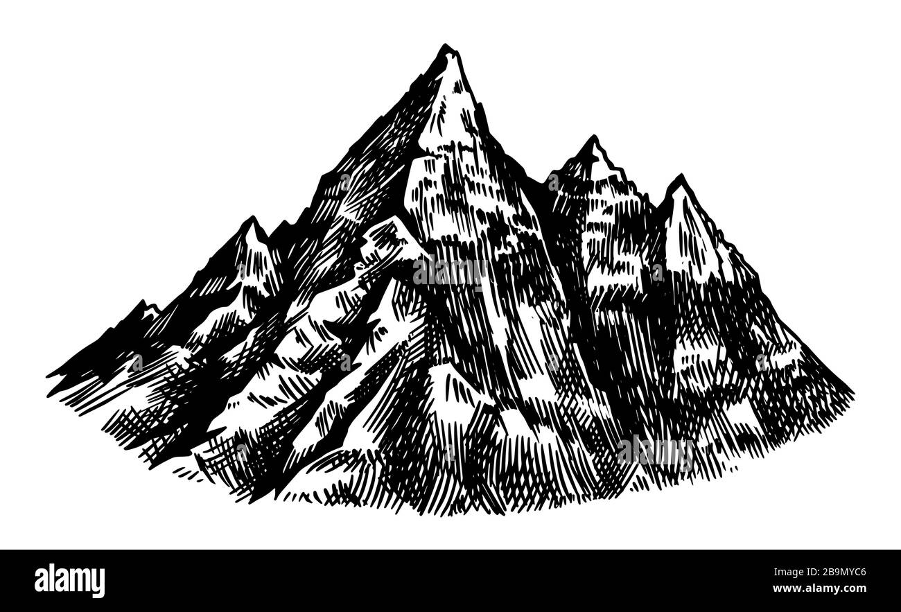 Alpes montagnes. Pics de Chamonix-Mont-Blanc. Rock vintage, gamme de vieux hauts plateaux. Esquisse extérieure vectorielle dessinée à la main avec un style gravé. Carte de randonnée Illustration de Vecteur
