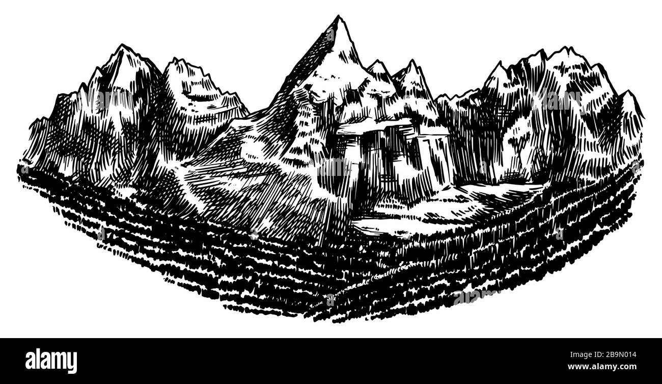 Alpes montagnes. Pics de Chamonix-Mont-Blanc. Rock vintage, gamme de vieux hauts plateaux. Esquisse extérieure vectorielle dessinée à la main avec un style gravé. Carte de randonnée Illustration de Vecteur Alpes montagnes. Pics de Chamonix-Mont-Blanc. Rock vintage, gamme de vieux hauts plateaux. Esquisse extérieure vectorielle dessinée à la main avec un style gravé. Carte de randonnée Illustration de Vecteur