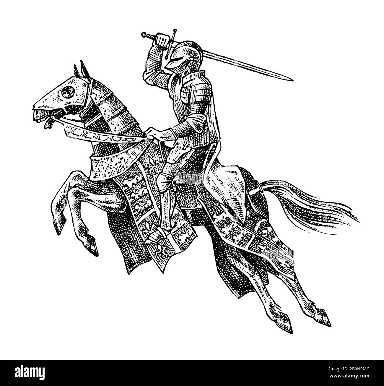 Cheval armé médiéval. Ancien caractère militaire historique. Prince avec une épée et un bouclier. Combattant ancien. Esquisse vectorielle vintage Illustration de Vecteur