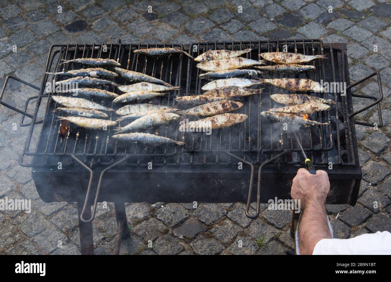 Sardines typiquement portugaises grillées cuites dans des coals chauds Banque D'Images