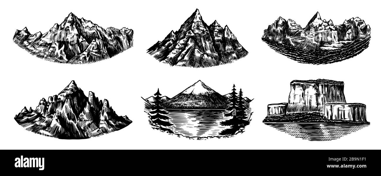 Ensemble de pics de montagnes, rock vintage, gamme de montagnes anciennes. Esquisse extérieure vectorielle dessinée à la main avec un style gravé. Alpes et Chamonix-Mont-Blanc pour la randonnée Illustration de Vecteur