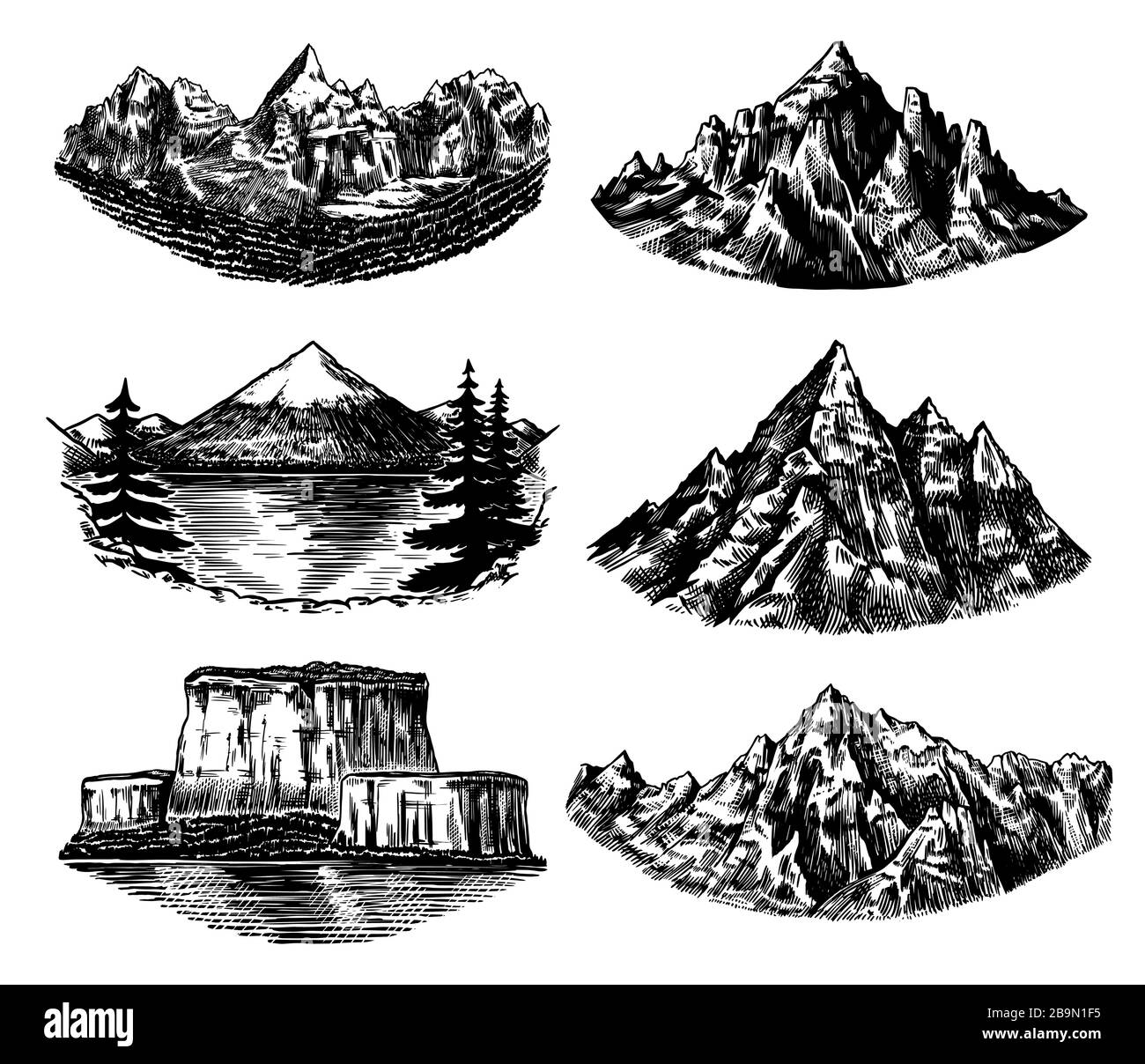 Ensemble de pics de montagnes, rock vintage, gamme de montagnes anciennes. Esquisse extérieure vectorielle dessinée à la main avec un style gravé. Alpes et Chamonix-Mont-Blanc pour la randonnée Illustration de Vecteur