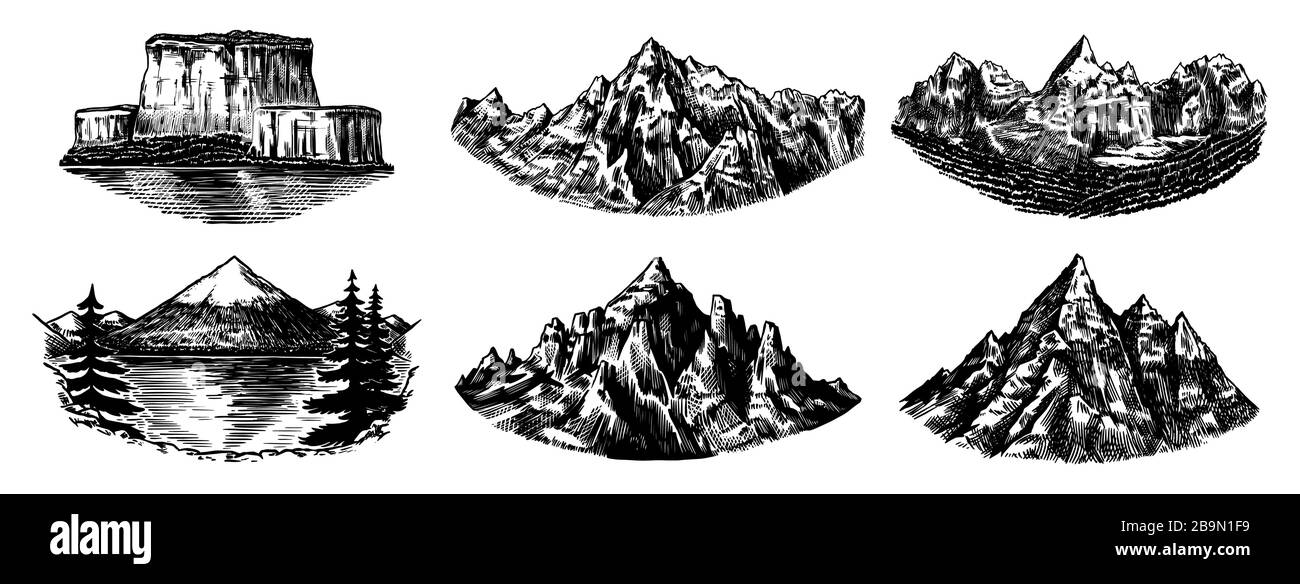 Ensemble de pics de montagnes, rock vintage, gamme de montagnes anciennes. Esquisse extérieure vectorielle dessinée à la main avec un style gravé. Alpes et Chamonix-Mont-Blanc pour la randonnée Illustration de Vecteur Ensemble de pics de montagnes, rock vintage, gamme de montagnes anciennes. Esquisse extérieure vectorielle dessinée à la main avec un style gravé. Alpes et Chamonix-Mont-Blanc pour la randonnée Illustration de Vecteur
