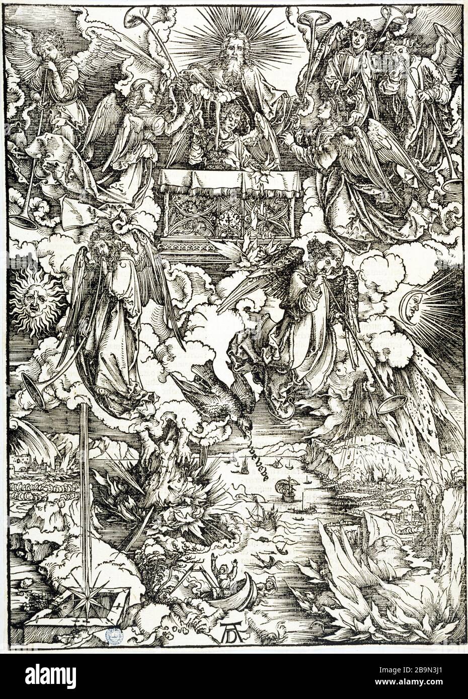 APOCALYPSE - LES SEPT CORNES DE L'APOCALYPSE - SEPTEMBRE ANGES AVEC CORNES  ALBRECHT DÜRER (1471-1528). 'L'Apocalypse (les 7 trompettes de l'Apocalypse)  7 anges avec des trompettes, B 68' - 2ème édition latine.