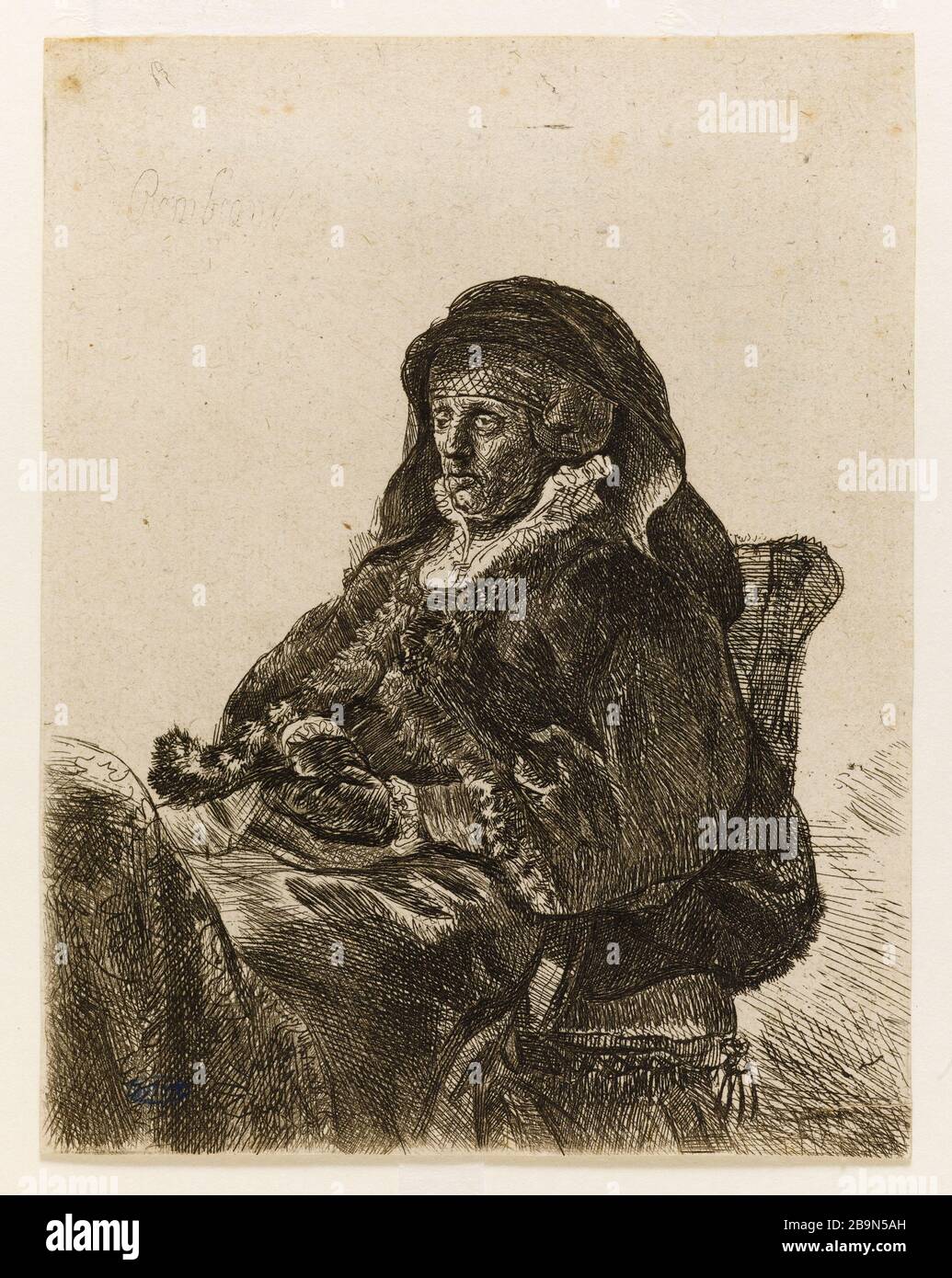 La veuve mère Rembrandt habille des gants noirs (Bartsch 344) Rembrandt (École de). La mère de Rembrandt en rêve de veuve avec des ganglions (Bartsch 344). Eau-forte sur papier européen, XVIIème siècle. Musée des Beaux-Arts de la Ville de Paris, petit Palais. Banque D'Images