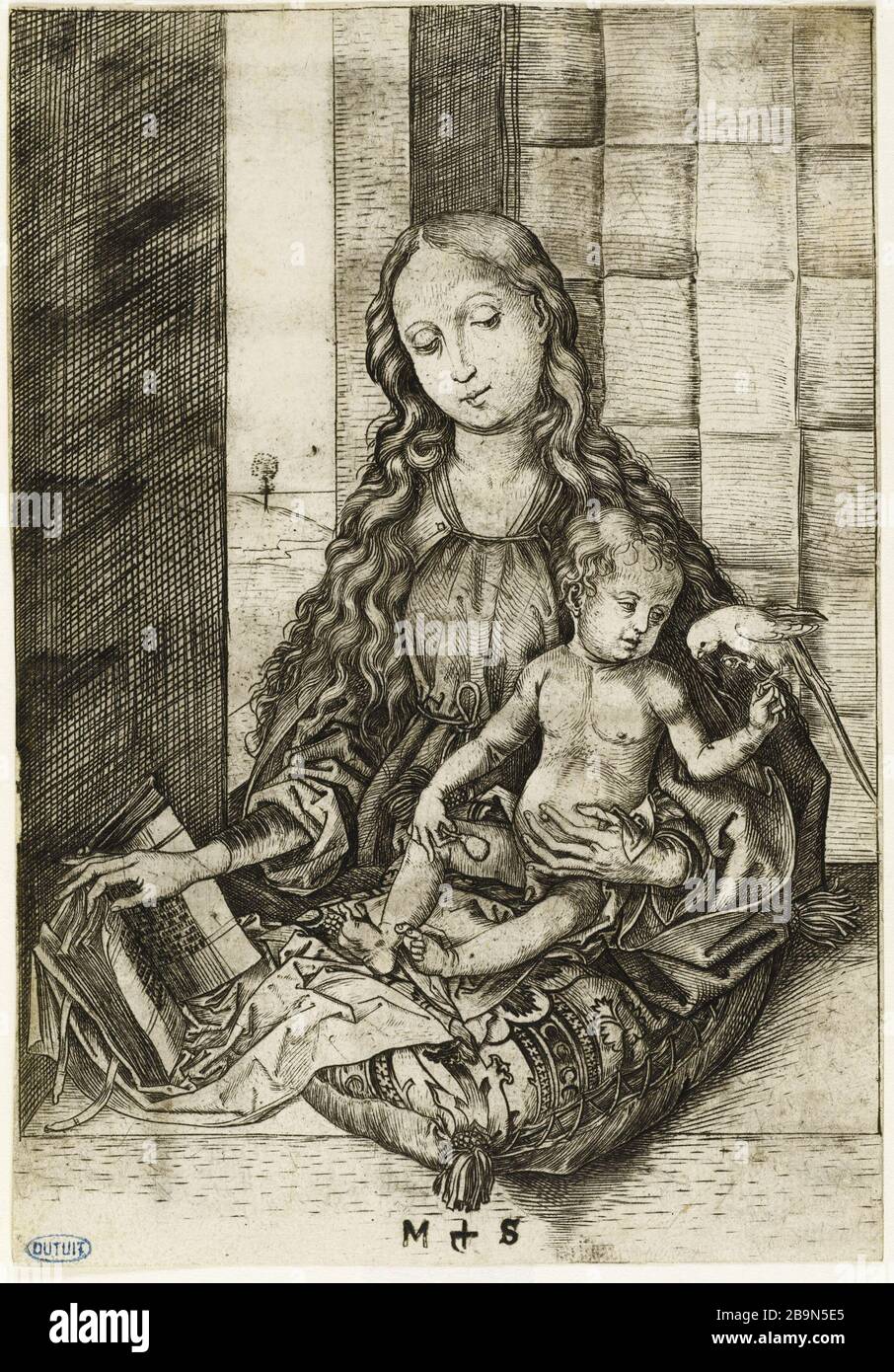 Dame avec un perroquet (Bartsch 29) Martin Schongauer (vers 1450-1495). La Vierge au perroquet (Bartsch 29). Gravure (burin), 1470-1475. Musée des Beaux-Arts de la Ville de Paris, petit Palais. Banque D'Images