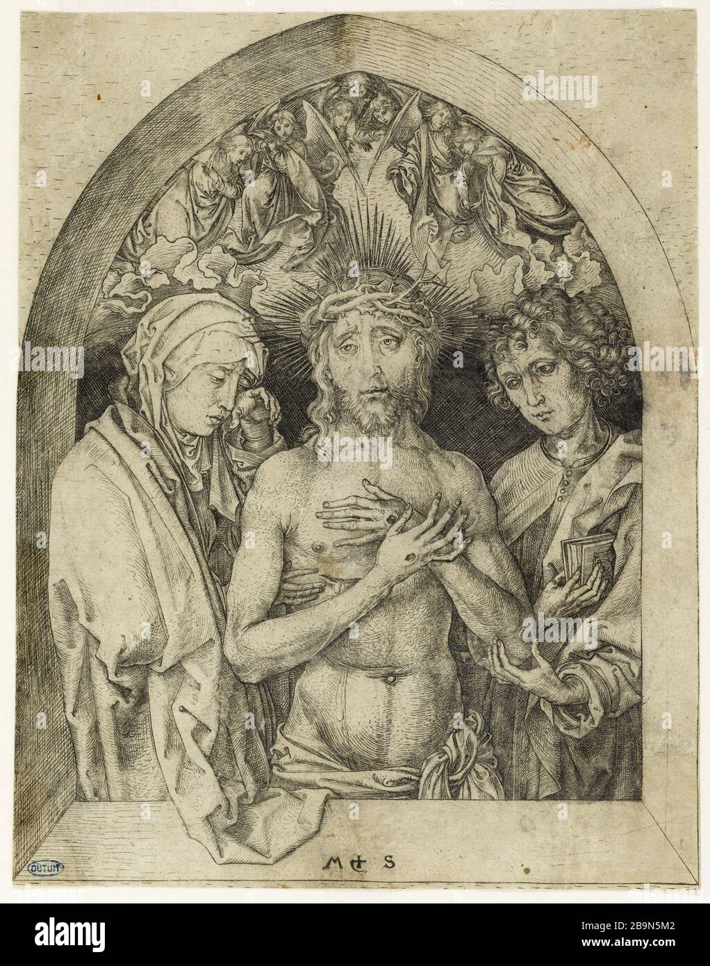 L'homme des Sorroes entre la Vierge et Saint Jean (Bartsch 69) Martin Schongauer (vers 1450-1495). L'Homme de couleur entre la Vierge et saint Jean (Bartsch 69). Gravure (burin), 1470-1475. Musée des Beaux-Arts de la Ville de Paris, petit Palais. Banque D'Images