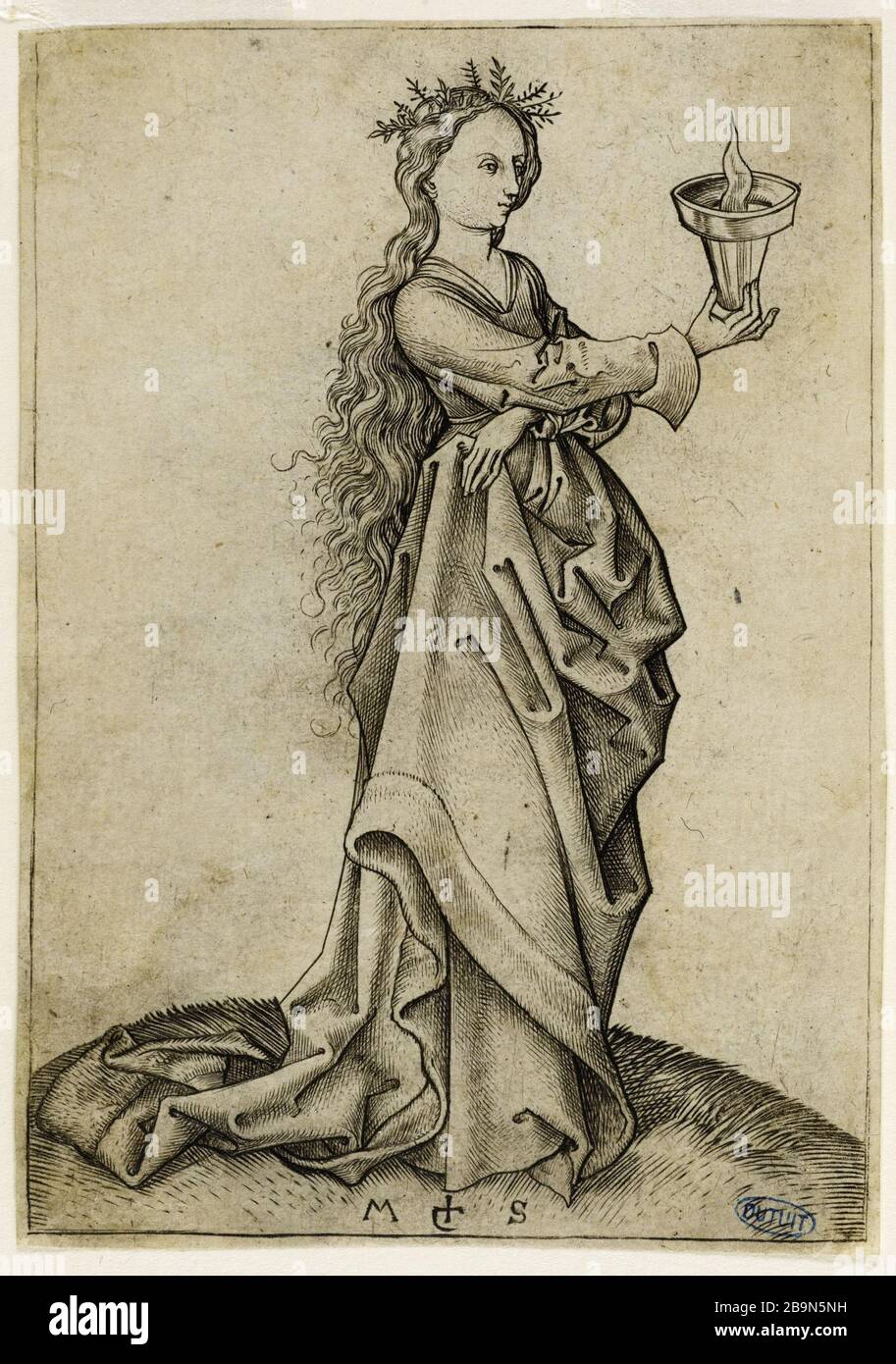 Les Sages Virginie: Troisième sage Vierge (Barsch 79) Martin Schongauer (vers 1450-1495). Les Vierges sages : Troisième Vierge sage (Barsch 79). Gravure (burin), 1480-1485. Musée des Beaux-Arts de la Ville de Paris, petit Palais. Banque D'Images