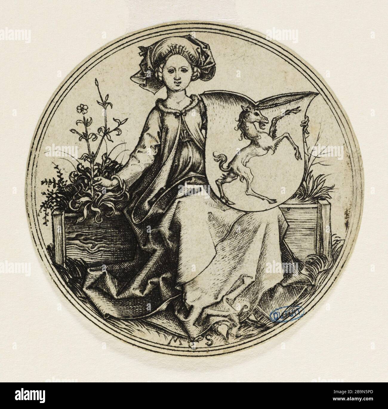 Jeune femme tenant un bouclier avec Unicorn (Bartsch 97) Martin Schongauer (vers 1450-1495). Jeune femme locataire un escu à la licorne (Bartsch 97). Gravure (burin), 1485-1491. Musée des Beaux-Arts de la Ville de Paris, petit Palais. Banque D'Images