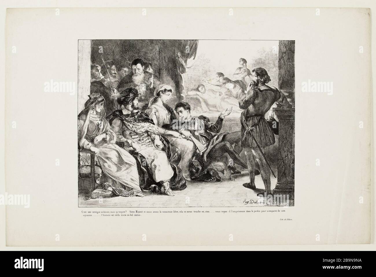 Hamlet fait jouer aux acteurs la scène de l'empoisonnement de son père (Delteil 109) Eugène Delacroix (1798-1863). Hameau fait jouer aux comédiens la scène de l'empoisonnement de son père (Delteil 109). Lithographie. 1835. Musée des Beaux-Arts de la Ville de Paris, petit Palais. Banque D'Images