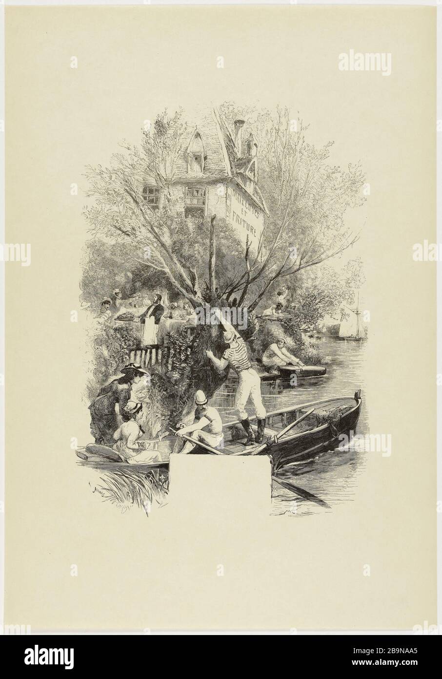 LE MOIS GASTRONOMIQUE. JUILLET. Matelotes ET FRITES Edmond Morin (1824-1882). 'Les mois gastronomiques. Juillet. Matelotes et meubles. Bois, 1877. Musée des Beaux-Arts de la Ville de Paris, petit Palais. Banque D'Images