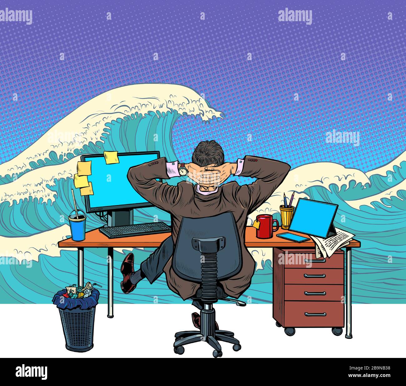 Un homme d'affaires au bureau rêve de la mer Illustration de Vecteur