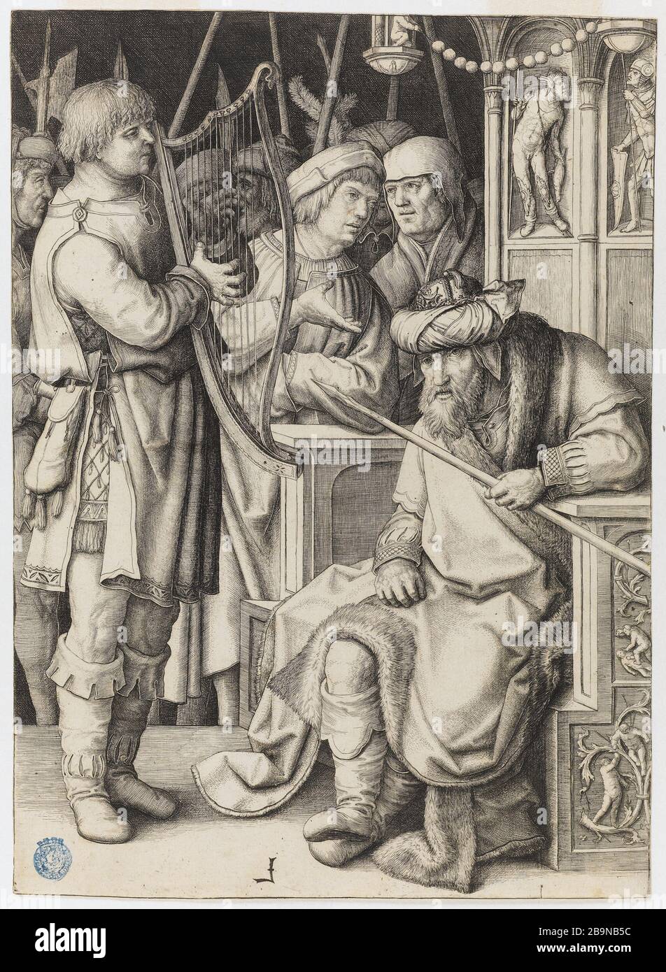 David jouant la harpe devant Saül - 27 Bartsch Lucas de Leyde (1494-1533). 'David jouant de la harpe devant Saül' - Bartsch 27. Burin. 1508. Musée des Beaux-Arts de la Ville de Paris, petit Palais. Banque D'Images