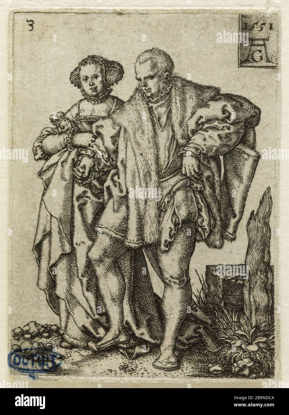 Danseurs mariage: Danseurs de couple (Hollstein 154) Heinrich Aldégraissant (ou Aldégraiver - 1502-V. 1555/1561). Les danseurs de noce : couple de danseurs (Holllstein 154). Burin, 1551. Musée des Beaux-Arts de la Ville de Paris, petit Palais. Banque D'Images