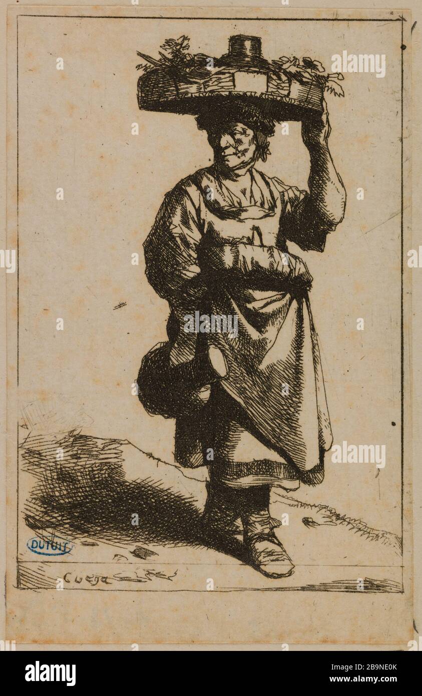 Femme portant un panier (Hollstein 18) Bega, Cornelis Pietersz. 'Femme porte un panier (Hollstein 18)'. Eau-forte. Musée des Beaux-Arts de la Ville de Paris, petit Palais. Banque D'Images