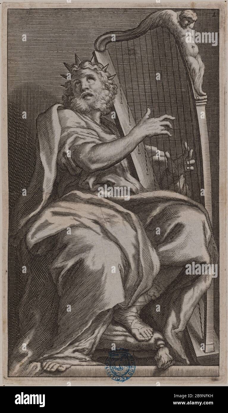 David jouant Harp après Dominichino (Dutuit p. 26, le Blanc 2) Cornelis II Bloemaert, dit le Jeune (1603-1692). David jouant de la harpe d'après le Dominiquin (Dutuit p. 26, le Blanc 2). Burin, XVIIème siècle. Musée des Beaux-Arts de la Ville de Paris, petit Palais. Banque D'Images