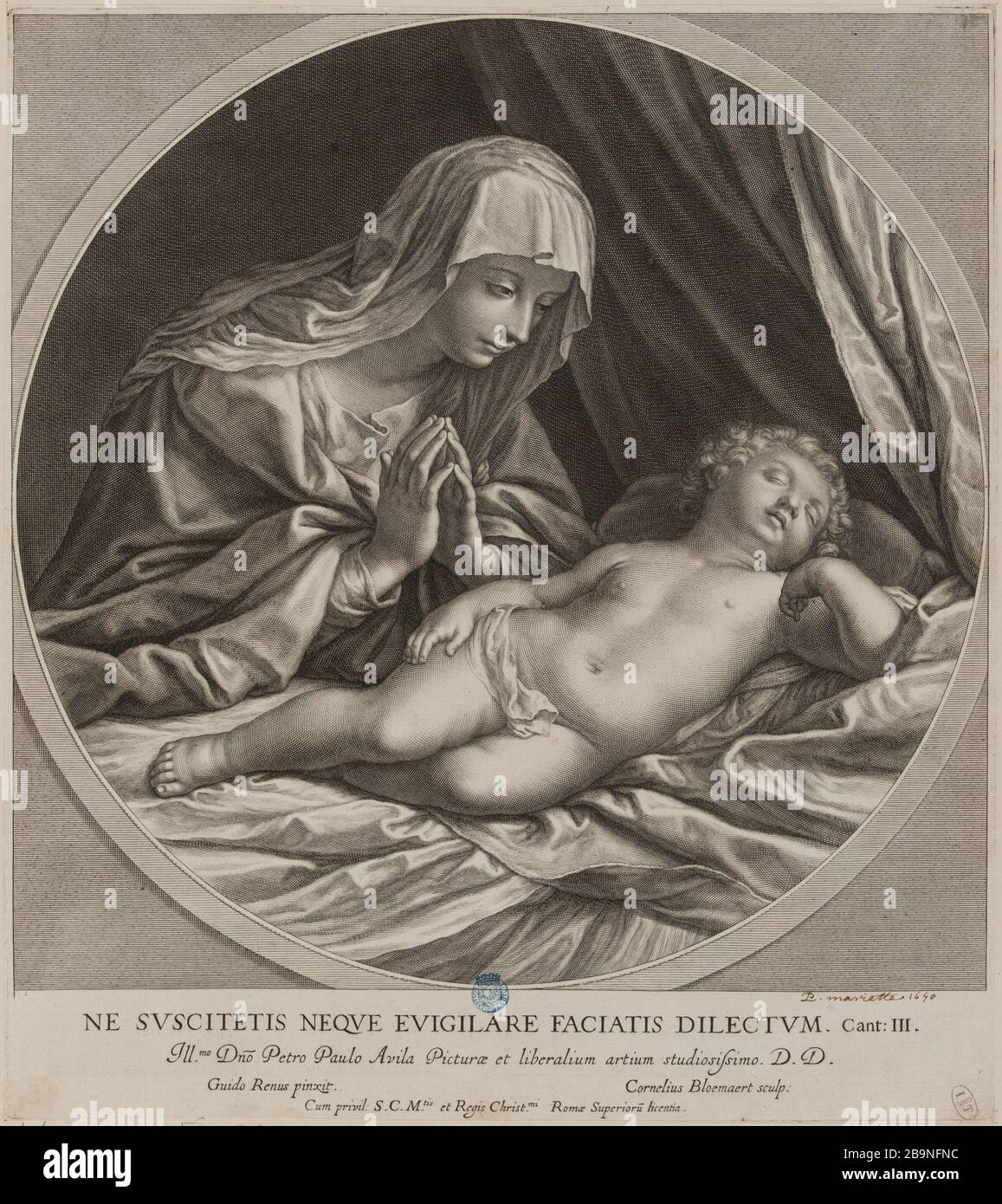 La Vierge adorant l'enfant Jésus après Guido Reni (Dutuit p. 30, le Blanc 20) Cornelis II Bloemaert, dit le Jeune (1603-1692). La Vierge en adoration devant l'enfant Jésus d'après Guido Reni (Dutuit p. 30, le Blanc 20). Burin, XVIIème siècle. Musée des Beaux-Arts de la Ville de Paris, petit Palais. Banque D'Images