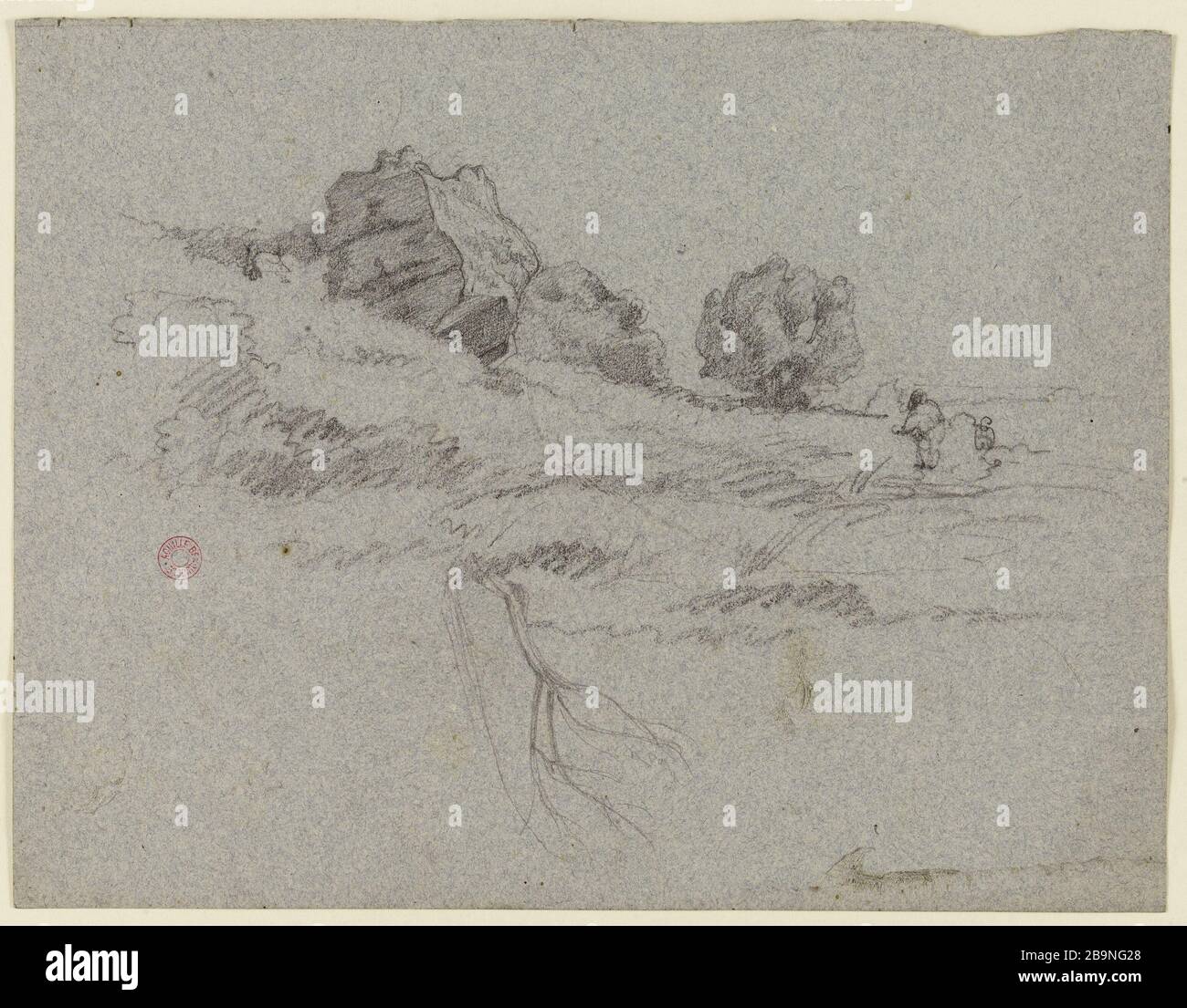 Paysage Jean-Achille Benouville (dit Achille Benouville) (1815-1891). Salaire. Pierre noir sur papier gris-bleu. Musée des Beaux-Arts de la Ville de Paris, petit Palais. Banque D'Images