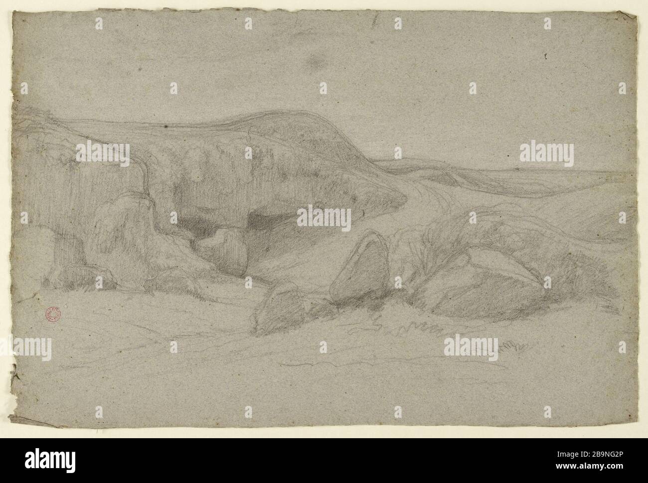 Paysage Jean-Achille Benouville (dit Achille Benouville) (1815-1891). Salaire. Crayon graphite sur papier gris-bleu. Musée des Beaux-Arts de la Ville de Paris, petit Palais. Banque D'Images