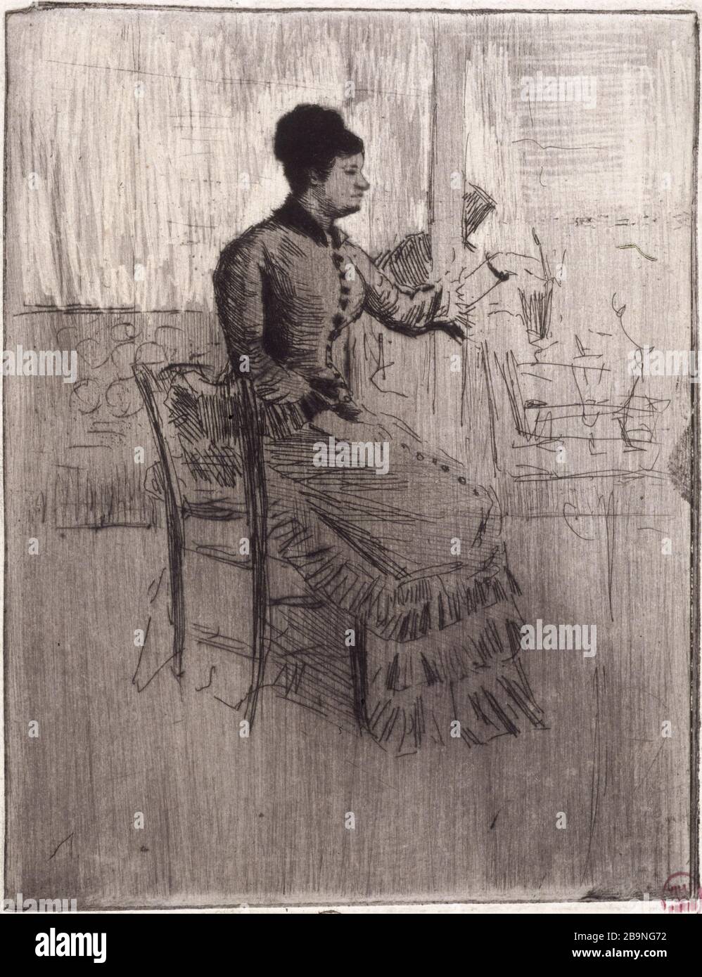 FEMME ASSISE DANS UN CAFÉ NORBERT GOENEUTTE (1854-1894). 'Femme assise de profil dans un café'. Gravure (eau-forte). Paris, musée Carnavalet. Banque D'Images