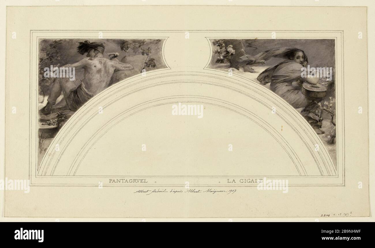 Pantagruel la cicada (après A. Maignan) Albert Ardail (1865-1914). Pantagruel, la cigale (d'après A. Maignan). Lavis, gouache, encre noire et grise sur papier vélin. Musée des Beaux-Arts de la Ville de Paris, petit Palais. Banque D'Images