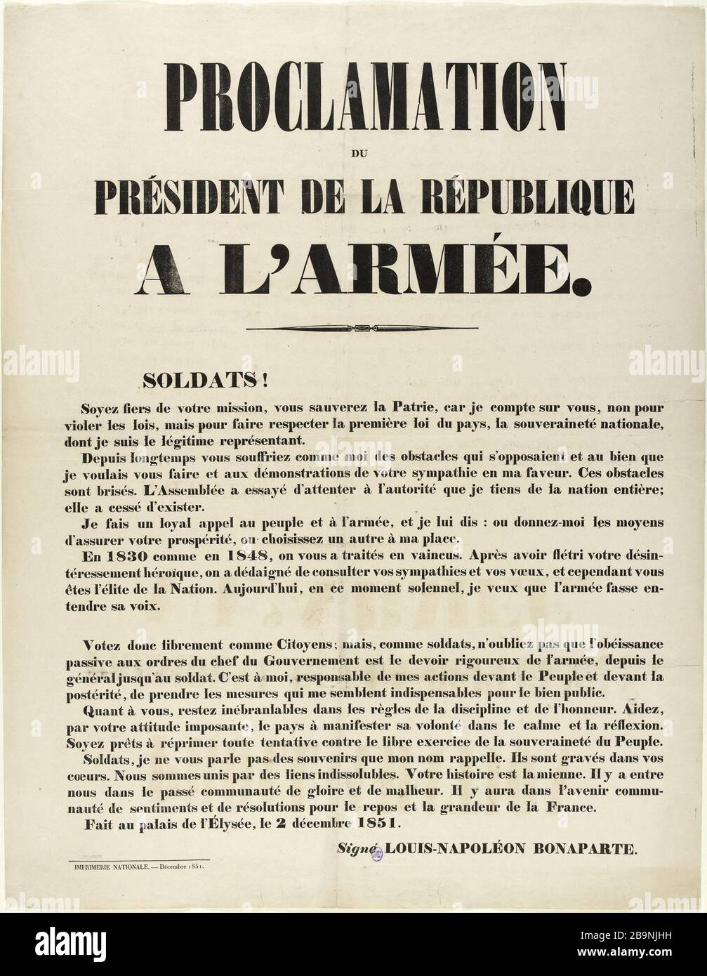 2 décembre 1851, proclamé par le Président de la République à l'armée. 2 décembre 1851, proclamation du Président de la République, à l'armée. Typographie. Paris, musée Carnavalet. Banque D'Images