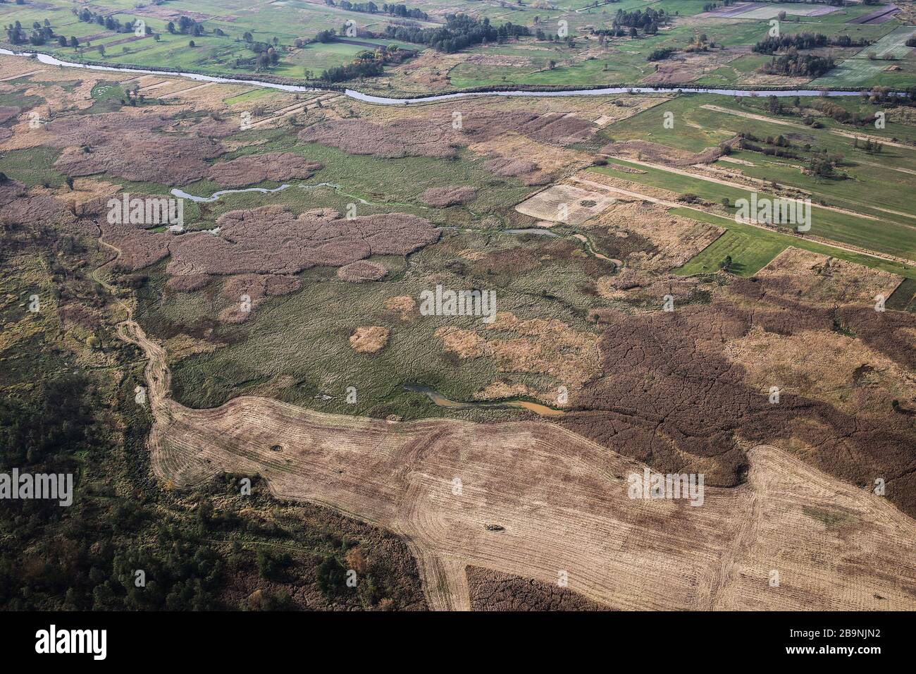 Vues aériennes de la vallée de Nida. Prés, marécages et zones humides visibles sur la photo. La rivière située en Pologne a beaucoup de méandres. Banque D'Images