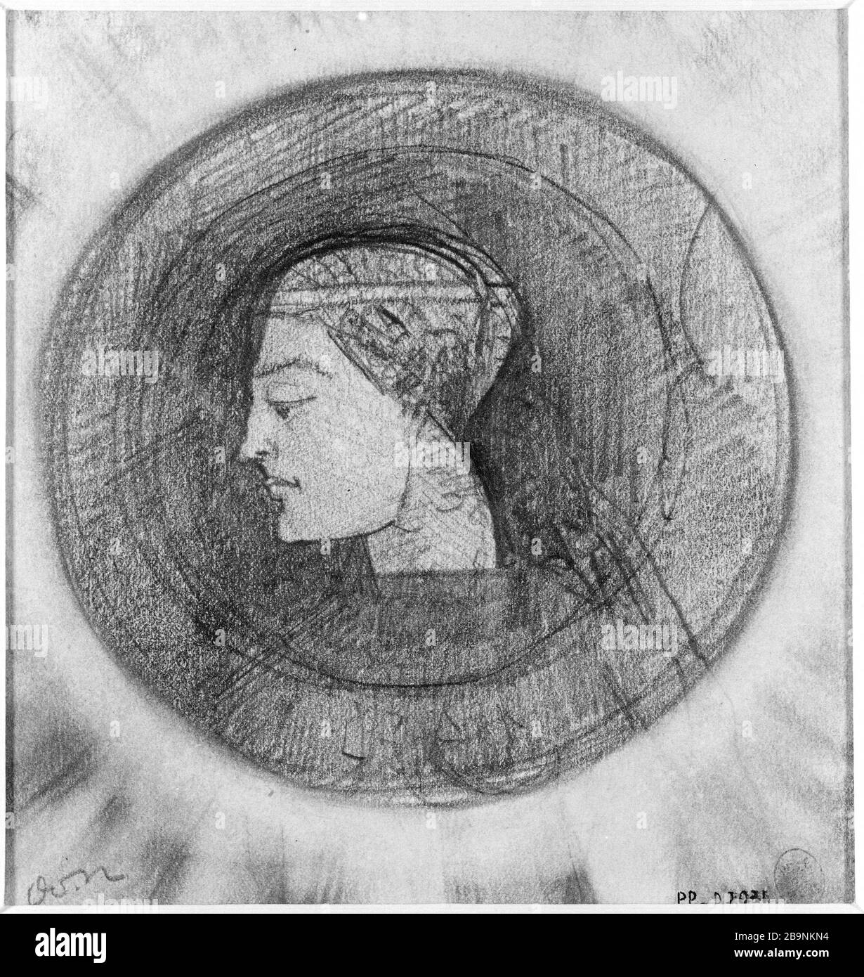 PROFIL DES FEMMES DE TÊTE AU CENTRE DE DARK DISC ODILON REDON (1840-1916). 'Tête de femme de profil, au centre d'un sombre'. Mine de plomb sur papier blanc, XIXème siècle. Musée des Beaux-Arts de la Ville de Paris, petit Palais. Banque D'Images