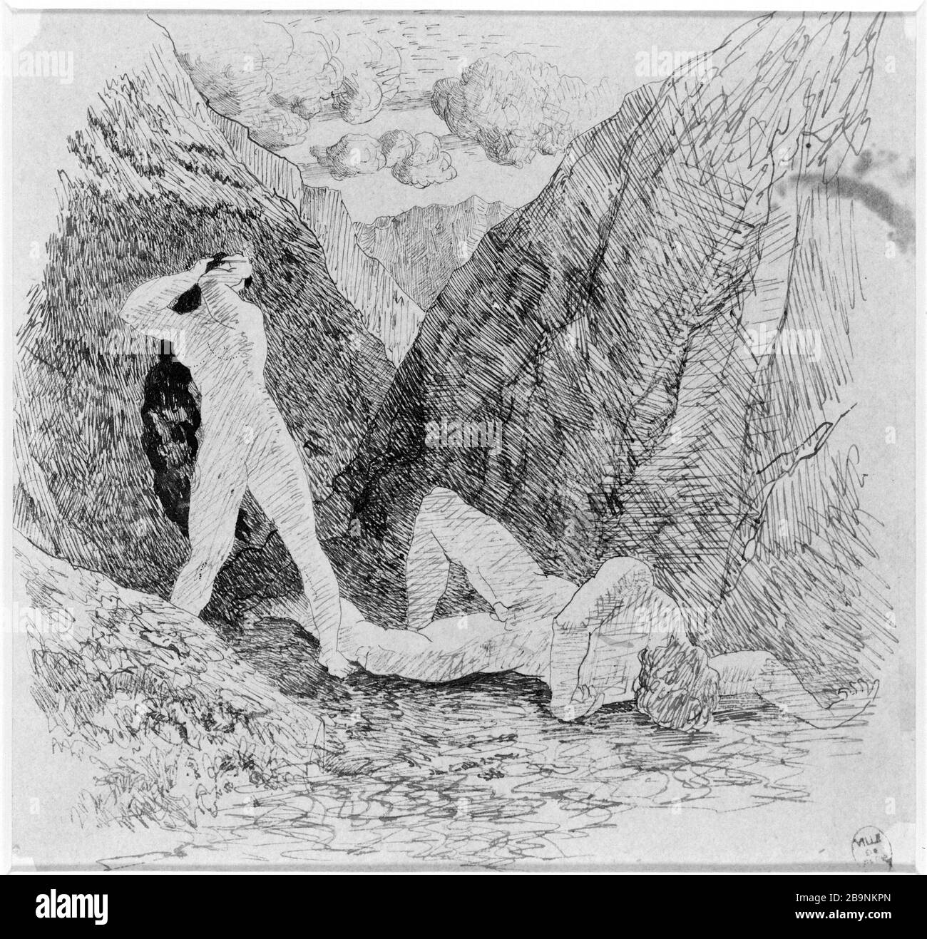 EVE DÉCOUVRANT LE CORPS D'ABEL ODILON REDON (1840-1916). « Eve découvrant le corps d'Abel ». Plume et erre de Chine sur papier calque collage sur un bristol, vers 1865. Musée des Beaux-Arts de la Ville de Paris, petit Palais. Banque D'Images