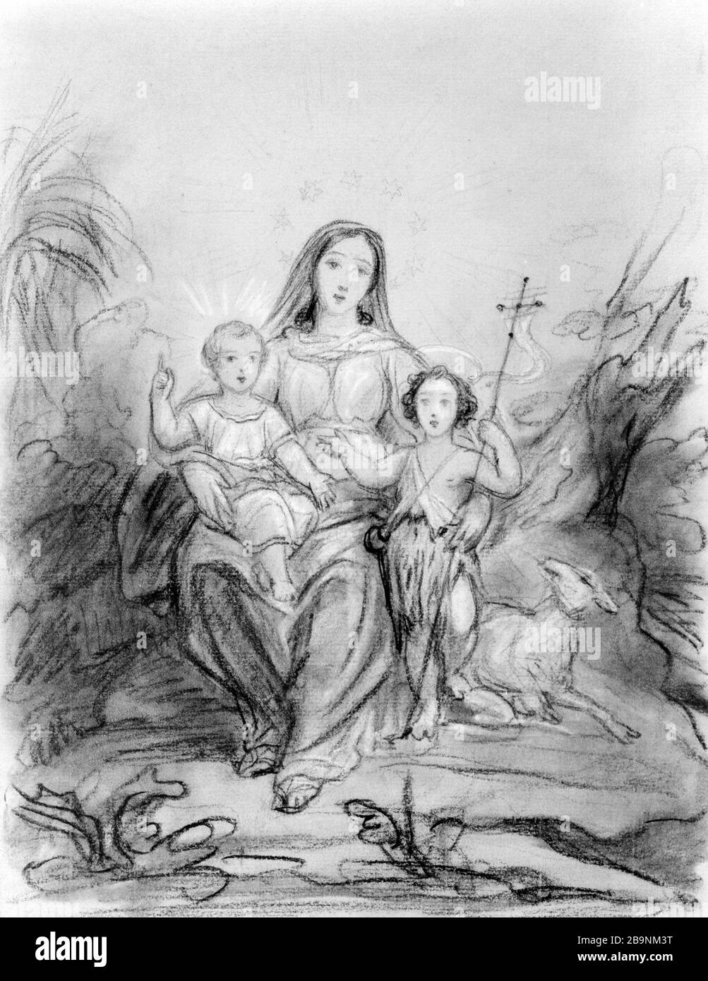 LA VIERGE, L'ENFANT ET LES ENFANTS DE SAINT JEAN BAPTISTE OCTAVE TASSERT (1800-1874). 'La Vierge, l'enfant et saint Jean-Baptiste enfant'. Fusain et rehausts de gouache blanche sur papier crème, XIXème siècle. Musée des Beaux-Arts de la Ville de Paris, petit Palais. Banque D'Images
