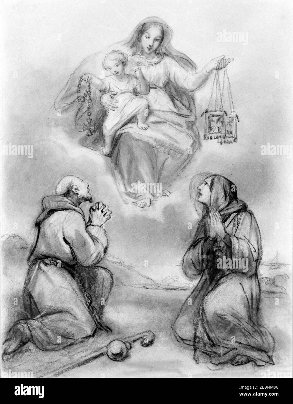 VIERGE ET ENFANT DONNANT LE ROSAIRE ET À SAINT SCAPULAR ET UN SAINT OCTAVE TASSERT (1800-1874). 'La Vierge et l'enfant donnant le rosaire et le scapulaire à un saint et à une sainte'. Fusain et reshauts de blanc sur papier crème, XIXème siècle. Musée des Beaux-Arts de la Ville de Paris, petit Palais. Banque D'Images