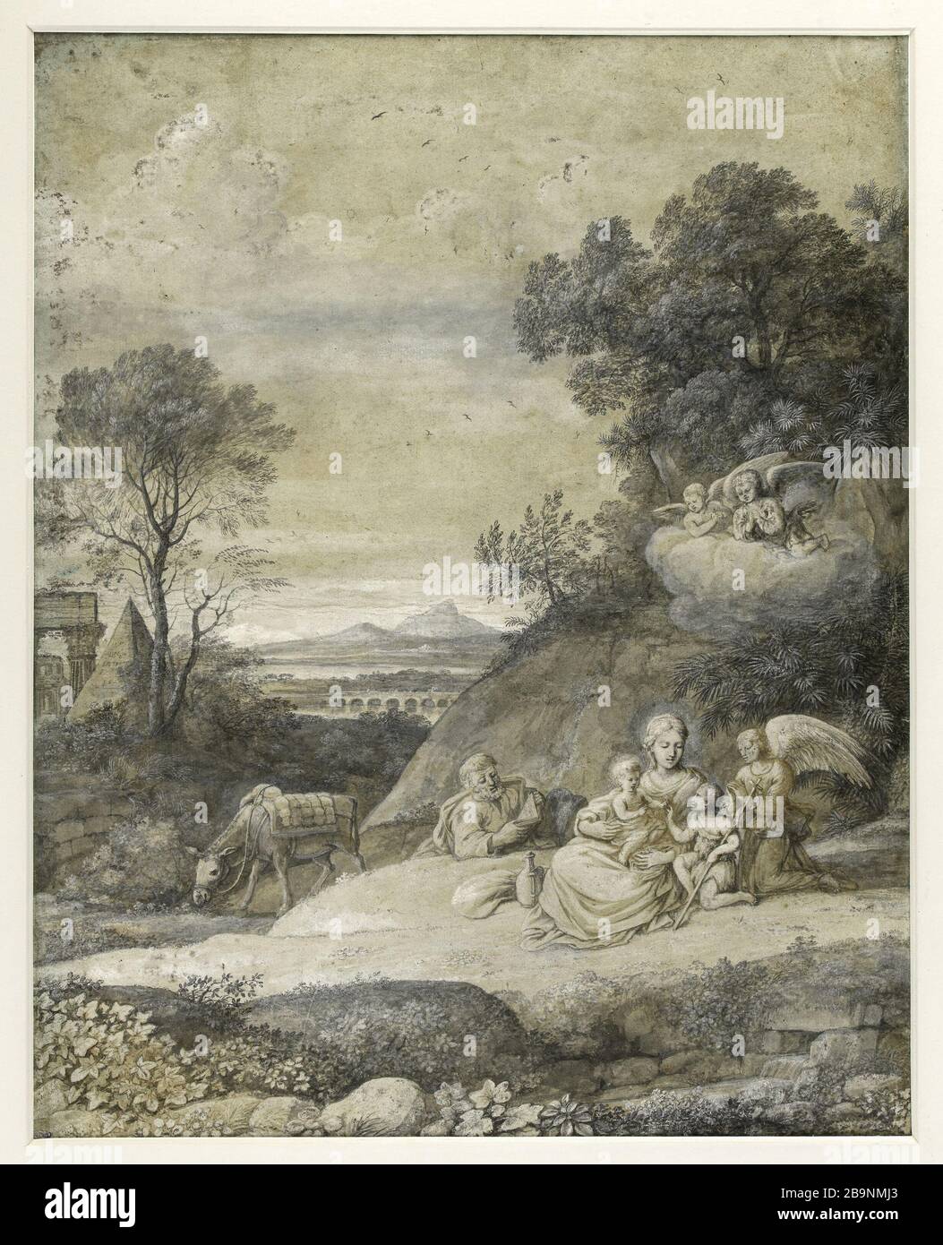 LE RESTE SUR LE VOL EN EGYPTE Claude Gellée dit le Lorrain (vers 1600-1682). 'Le repos pendentif la fuite en Egypte'. Pineau, Encre de chine, lavis d'erre de chine et lavis de Bistre sur papier bleu. Musée des Beaux-Arts de la Ville de Paris, petit Palais. Banque D'Images