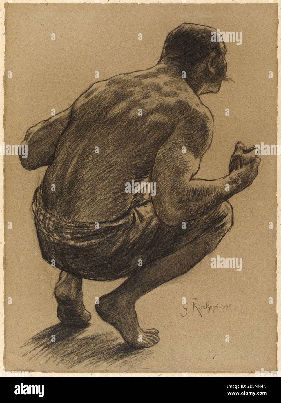 Étude de l'homme de squatting de retour. Georges-Antoine Rochegrosse (1859-1938). 'Etude d'homme accroupi de dos'. Gris fusain sur papier. Musée des Beaux-Arts de la Ville de Paris, petit Palais. Banque D'Images