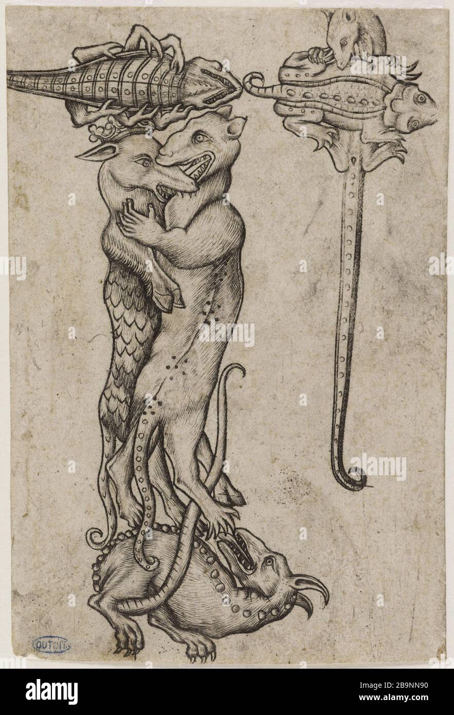 Lettres de l'alphabet composé de différentes figures animales et grotesque, une lettre 'r' composée de deux loups chimériques qui entremordent. (Bartsch 100, Volume VI, page 40) Maître E.S (vers 1420-1468). 'Les lettres de l'alphabet composiées de differentes figures et animaux grotesques, une lettre 'r' compositeur de deux loups chimériques qui s'est ent. (Bartsch 100, tome VI, page 40). Burin. 1450-1464. Musée des Beaux-Arts de la Ville de Paris, petit Palais. Banque D'Images