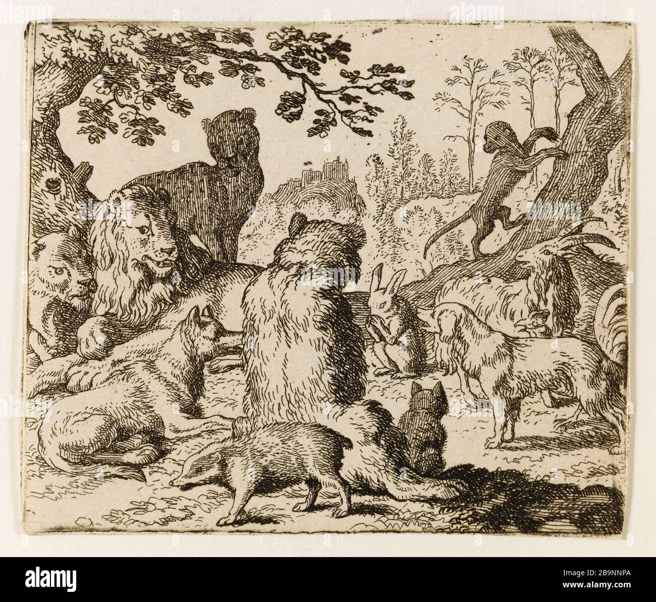 Le roman de Renard: 42- le Lion irrité contre Fox ordonna à tous les animaux de suivre pour obtenir le criminel dans son renard (Bartsch 42) Allart van Everdingen (1621-1675). Le Roman de Renard : 42- le Lion irrité contre le renard ordonne à tous les animaux de le suivre pour aller cher ce criminel dans sa renardière (Bartsch 42). Eau-forte sur papier, 1650-1655. Musée des Beaux-Arts de la Ville de Paris, petit Palais. Banque D'Images