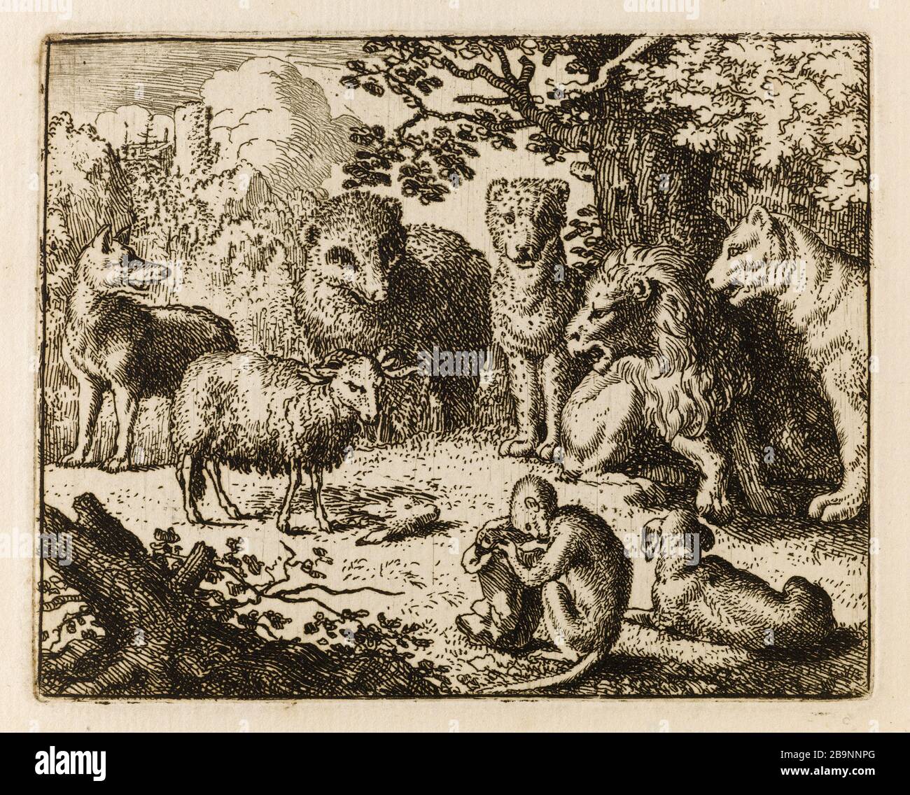 Le roman de Renard: 38- Aries est arrivé au tribunal après avoir livré le paquet, le secrétaire singe lion, sort la tête du lapin à l'étonnement de tous présents (Bartsch 38) Allart van Everdingen (1621-1675). Le Roman de Renard : 38- le Bélier arrivé à la cour et ayant remis le paquet, le seul secrétaire du lion, en retraite la tête du lapin au grand environnement de tous les assistants (Bartsch 38). Eau-forte, 1650-1655. Musée des Beaux-Arts de la Ville de Paris, petit Palais. Banque D'Images