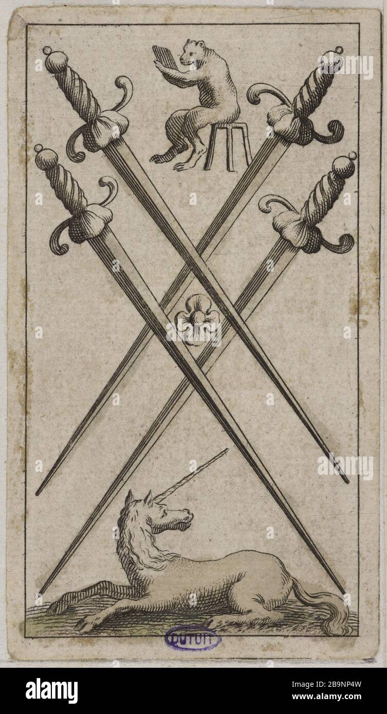 Minchiate Florentine. Jeu de 56 cartes. Les quatre Sword Anonyme. 'Minchiate florentin. Jeu de 56 cartes. Le quatre d'Epée. Eau-forte, couleurs au pinceau. 1650-1700. Musée des Beaux-Arts de la Ville de Paris, petit Palais. Banque D'Images