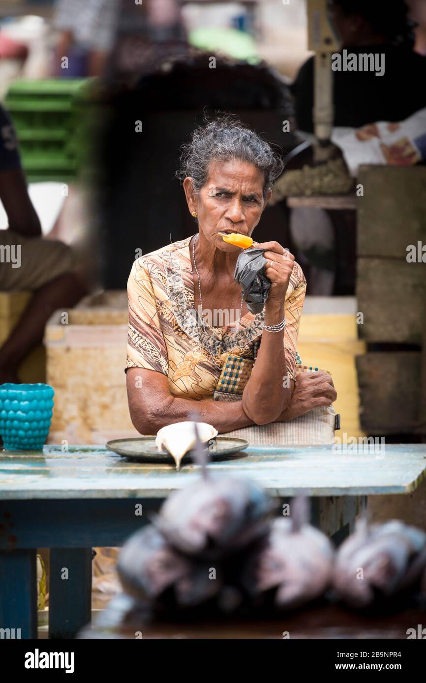 Femme se rafraîchissant avec un bloc de glace au marché du poisson de Negombo, Sri Lanka Banque D'Images