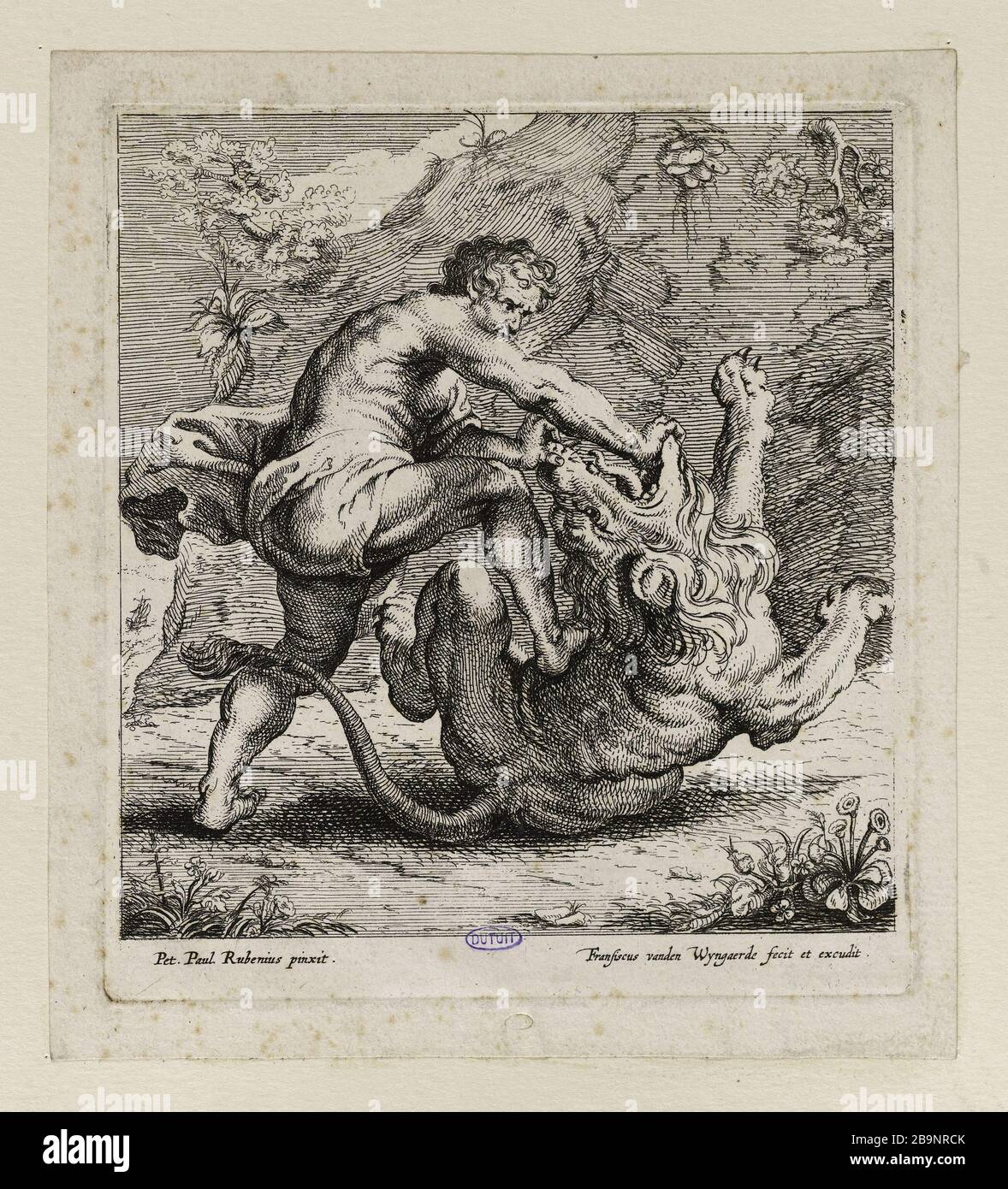 Samson tuant le lion, après Rubens (Dutuit 17, p. 31) Van den Wijngaerde, Frans. Samson tuant le lion, d'après Rubens (Dutuit 17, p. 31). Burin, XVIIème siècle. Musée des Beaux-Arts de la Ville de Paris, petit Palais. Banque D'Images