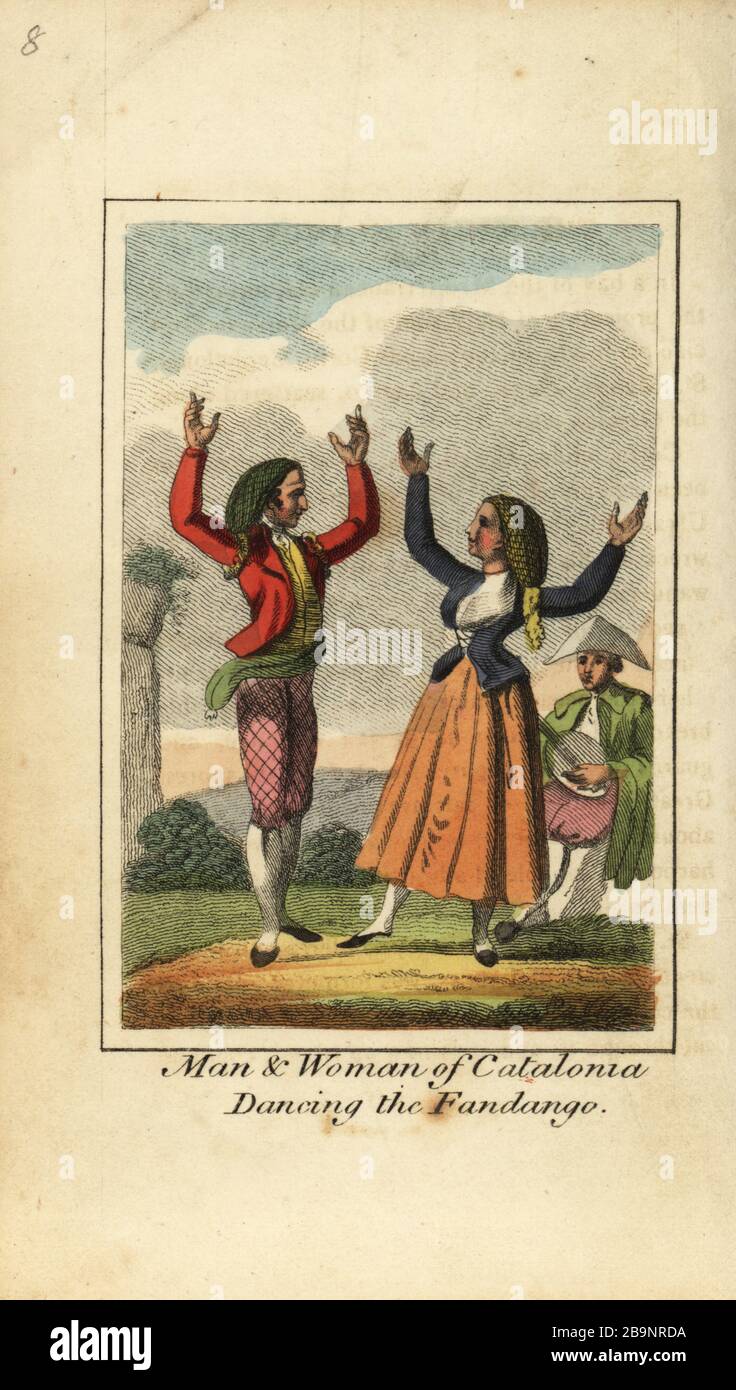 Homme et femme de Catalogne dansant le fandango, 1818. Un musicien joue un luth derrière eux. Gravure en copperplate de couleur à la main de Mary Anne Venning un présent géographique étant des descriptions des principaux pays du monde, Darton, Harvey et Darton, Londres, 1818. Venning a écrit des livres éducatifs sur la géographie, la conchologie et la minéralogie au début du XIXe siècle. Banque D'Images