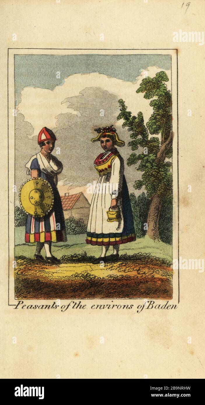 Peasamt femmes des environs de Baden, Allemagne, 1818. L'un contient une protection ronde. Gravure en copperplate de couleur à la main de Mary Anne Venning un présent géographique étant des descriptions des principaux pays du monde, Darton, Harvey et Darton, Londres, 1818. Venning a écrit des livres éducatifs sur la géographie, la conchologie et la minéralogie au début du XIXe siècle. Banque D'Images
