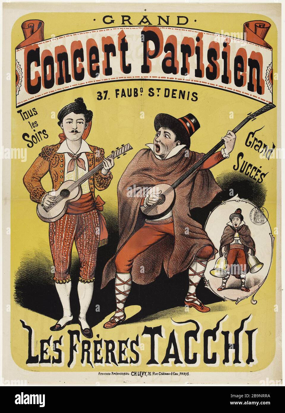 GRAND concert Parisien, 37, FAUBG. ST. DENIS tous les soirs, plus grand SUCCÈS, LES FRÈRES TACCHI Anonyme. 'Grand concert Parisien, 37, Faubourg Saint-Denis, tous les Soirs, Grand Succès, les Frères Tacchi'. Lithographie couleur. 1880-1900. Paris, musée Carnavalet. Banque D'Images
