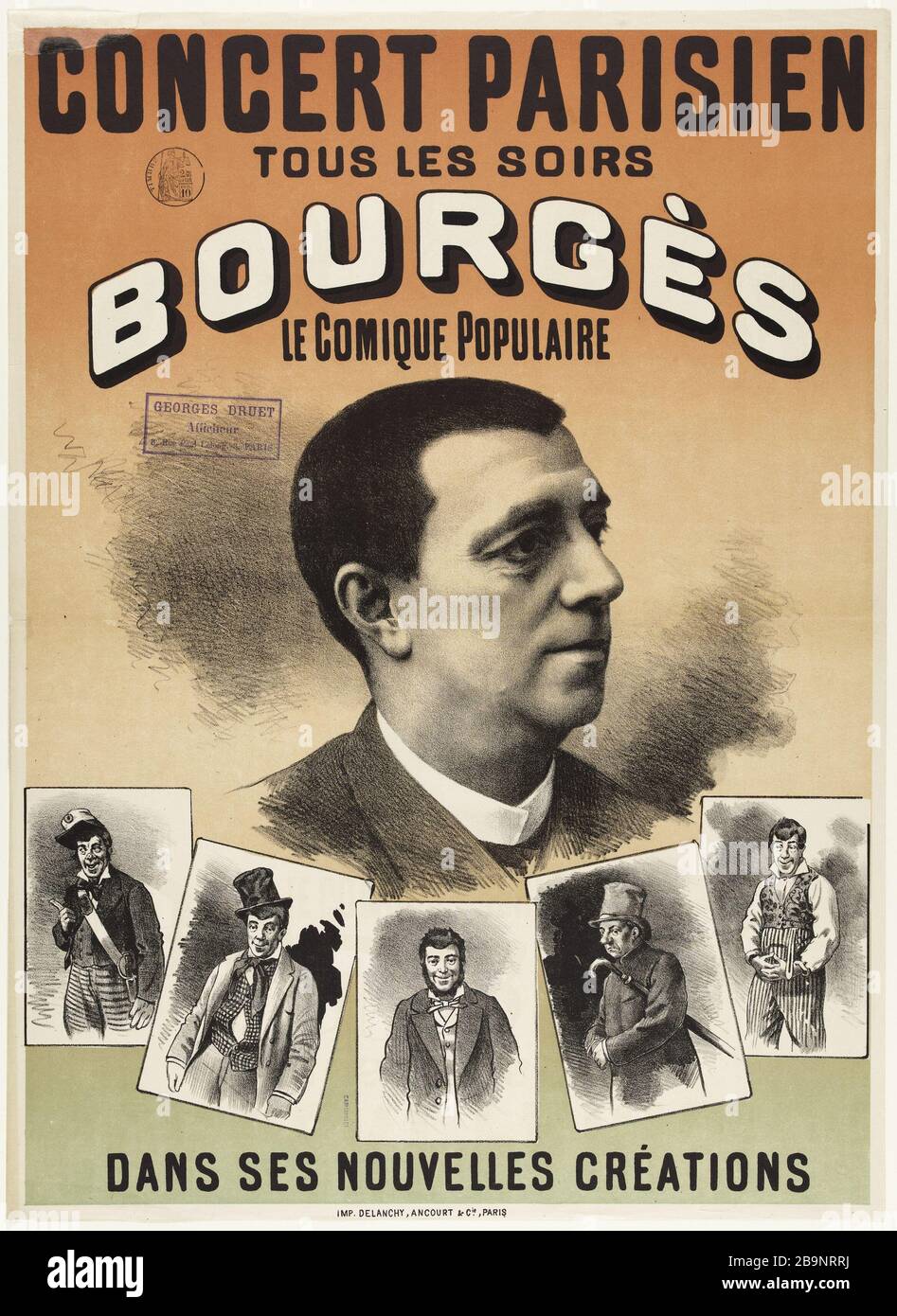 CONCERT DE PARIS, TOUS LES SOIRS, BOURGES, COMIQUE POPULAIRE DANS SES NOUVELLES CRÉATIONS AONYME. 'Concert parisien, tous les héritiers, Bourgès, le Comique populaire, dans ses nouvelles créations'. Lithographie couleur. 1880-1900. Paris, musée Carnavalet. Banque D'Images
